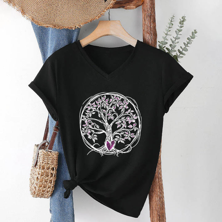 Olivenorma Circle Heart Root Tree Of Life Boho Graphic Women's V Neck T-Shirt - Black - 2XL - image 12