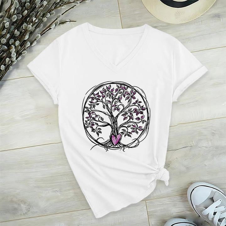Olivenorma Circle Heart Root Tree Of Life Boho Graphic Women's V Neck T-Shirt - image 19