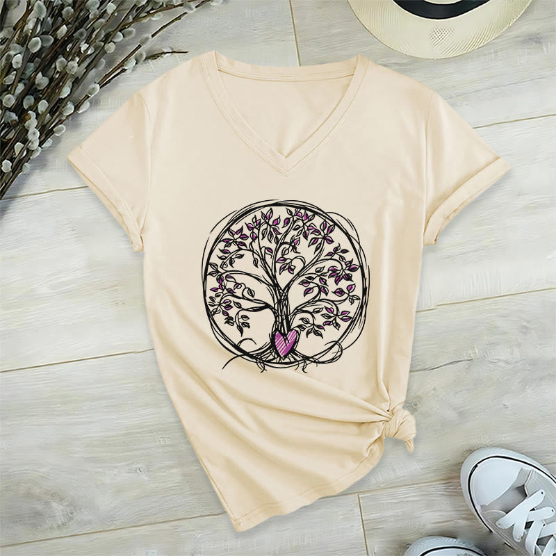 Olivenorma Circle Heart Root Tree Of Life Boho Graphic Women's V Neck T-Shirt - image 4