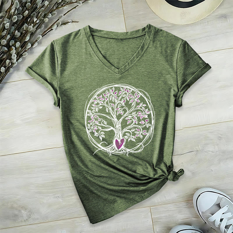 Olivenorma Circle Heart Root Tree Of Life Boho Graphic Women's V Neck T-Shirt - image 1