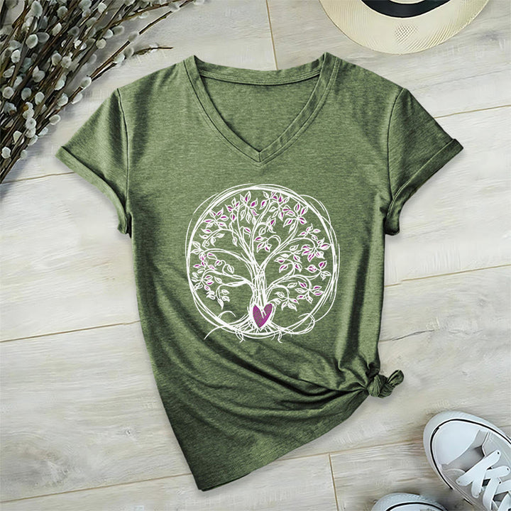 Olivenorma Circle Heart Root Tree Of Life Boho Graphic Women's V Neck T-Shirt - image 1