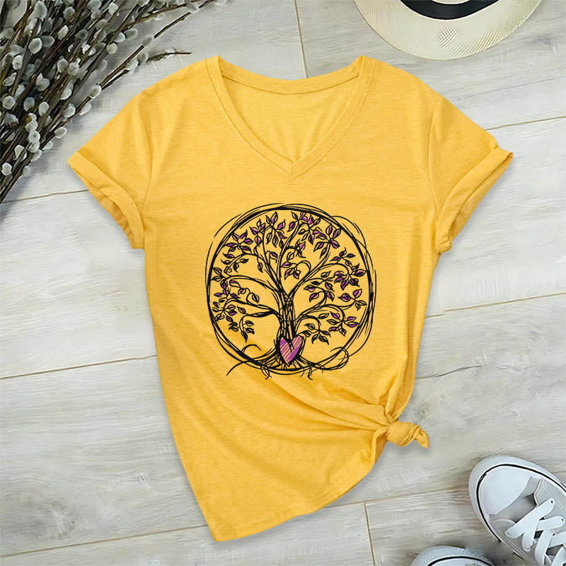 Olivenorma Circle Heart Root Tree Of Life Boho Graphic Women's V Neck T-Shirt - image 31