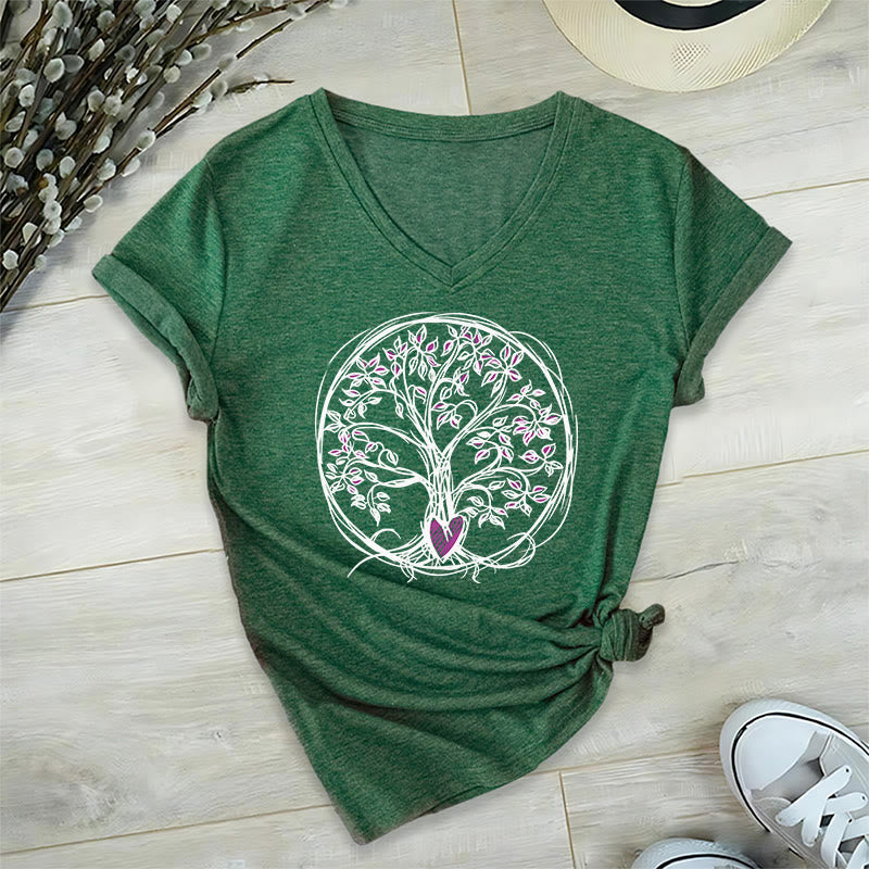 Olivenorma Circle Heart Root Tree Of Life Boho Graphic Women's V Neck T-Shirt - image 25