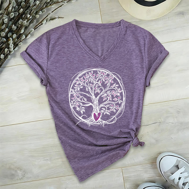 Olivenorma Circle Heart Root Tree Of Life Boho Graphic Women's V Neck T-Shirt - image 37