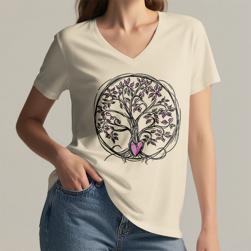 Olivenorma Circle Heart Root Tree Of Life Boho Graphic Women's V Neck T-Shirt - image 5