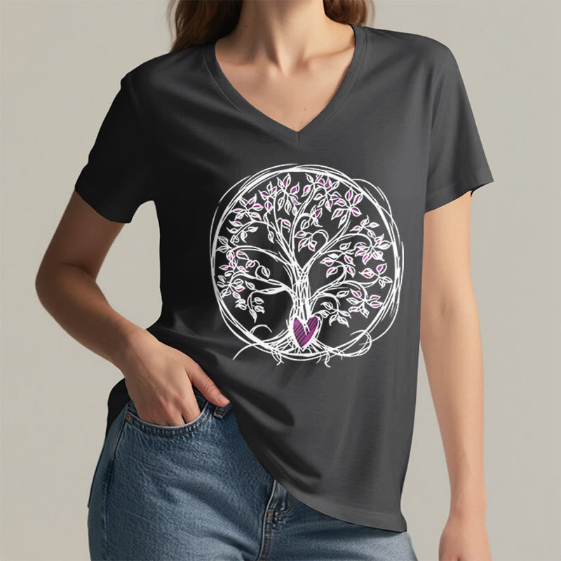 Olivenorma Circle Heart Root Tree Of Life Boho Graphic Women's V Neck T-Shirt - image 17