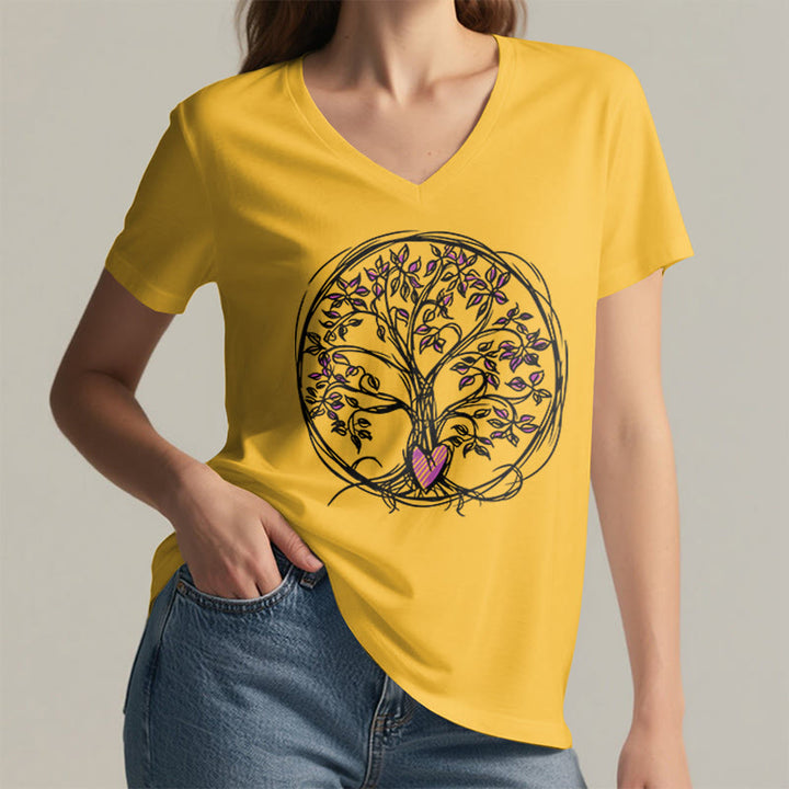 Olivenorma Circle Heart Root Tree Of Life Boho Graphic Women's V Neck T-Shirt - image 32