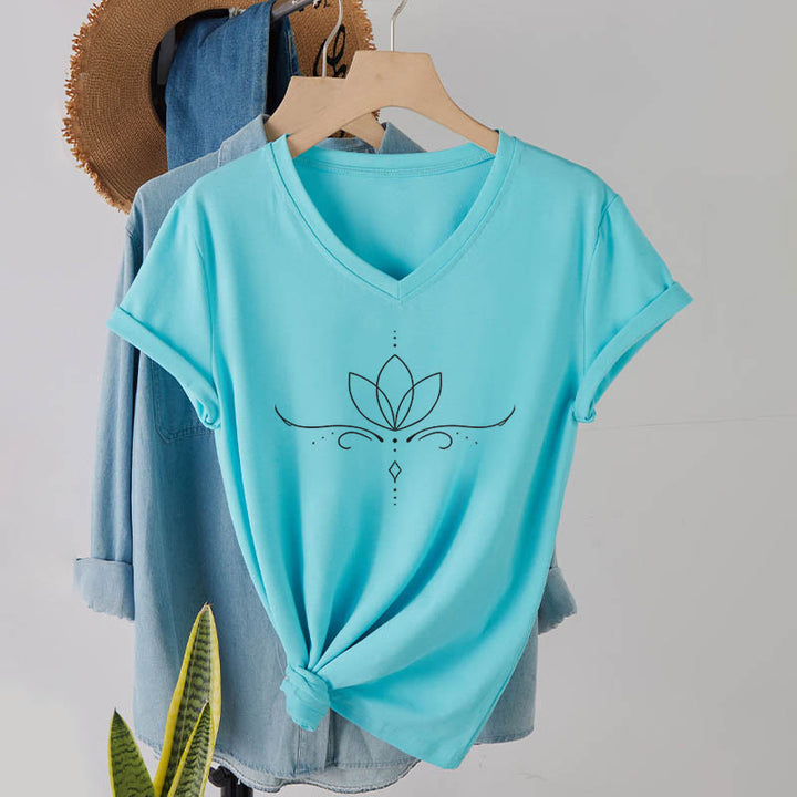 Olivenorma Elegant Boho Lotus Dot Line Art Yoga Print Women's V Neck T-Shirt - Lake Blue - 2XL - image 0