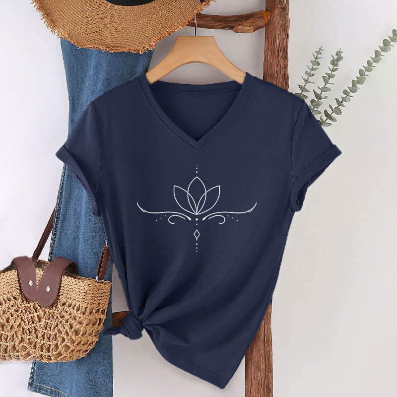 Olivenorma Elegant Boho Lotus Dot Line Art Yoga Print Women's V Neck T-Shirt - Navy Blue - 2XL - image 21