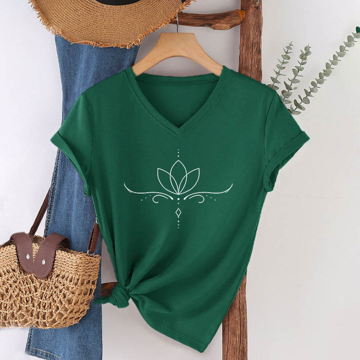 Olivenorma Elegant Boho Lotus Dot Line Art Yoga Print Women's V Neck T-Shirt - Dark Green - 2XL - image 24