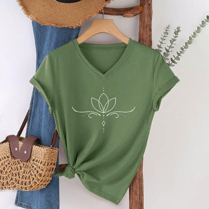 Olivenorma Elegant Boho Lotus Dot Line Art Yoga Print Women's V Neck T-Shirt - Olive Green - 2XL - image 3