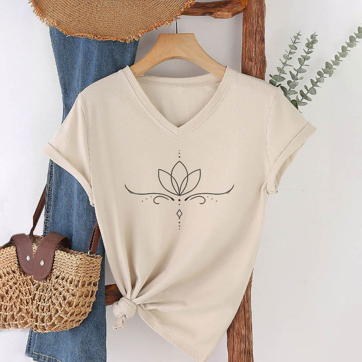 Olivenorma Elegant Boho Lotus Dot Line Art Yoga Print Women's V Neck T-Shirt - Khaki - 2XL - image 6