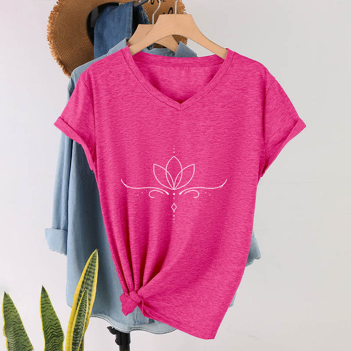 Olivenorma Elegant Boho Lotus Dot Line Art Yoga Print Women's V Neck T-Shirt - Rose Red - 2XL - image 33
