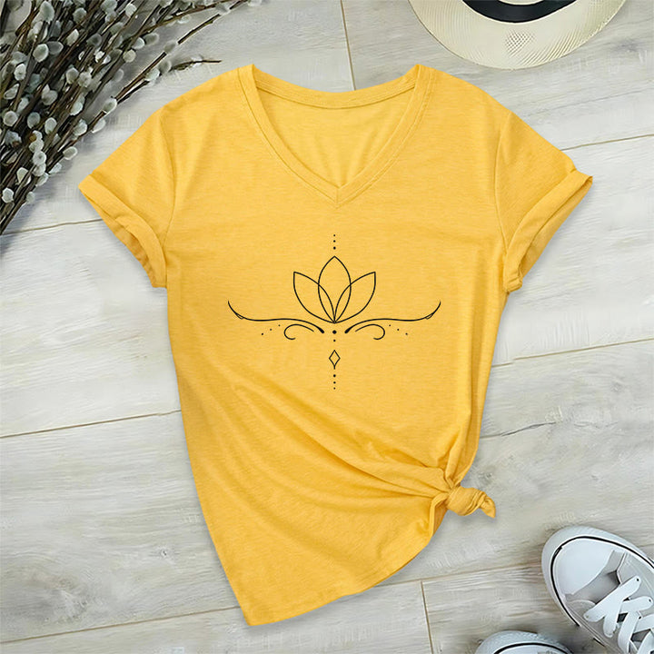 Olivenorma Elegant Boho Lotus Dot Line Art Yoga Print Women's V Neck T-Shirt - image 31