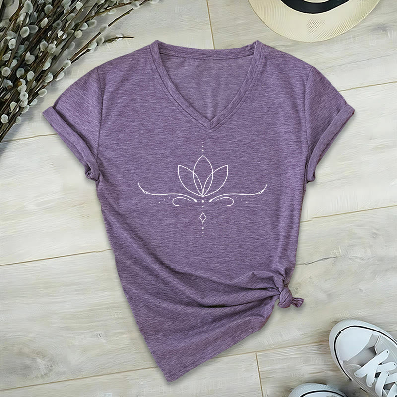 Olivenorma Elegant Boho Lotus Dot Line Art Yoga Print Women's V Neck T-Shirt - image 37