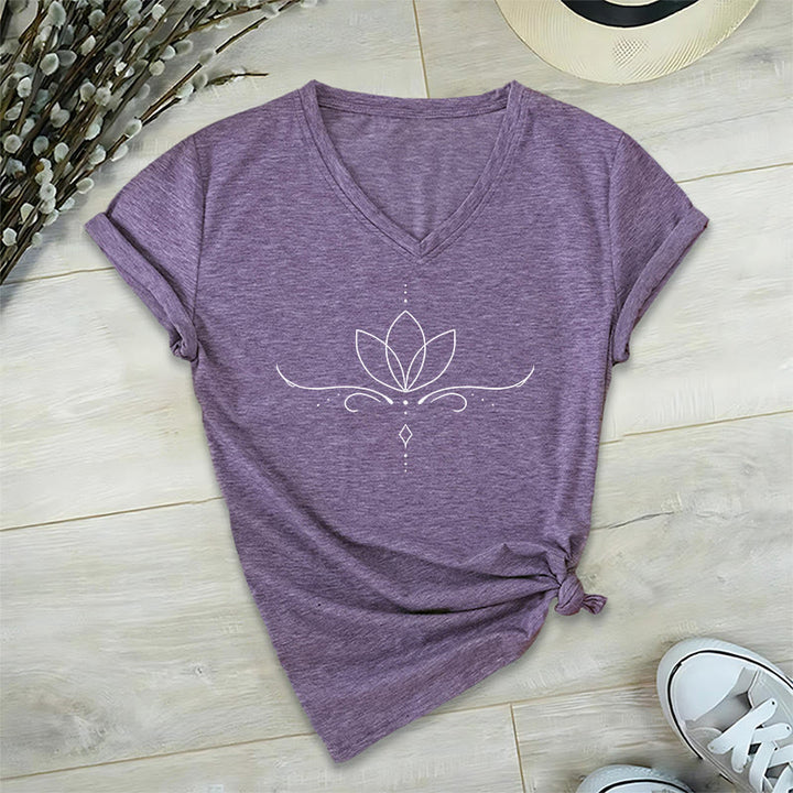 Olivenorma Elegant Boho Lotus Dot Line Art Yoga Print Women's V Neck T-Shirt - image 37