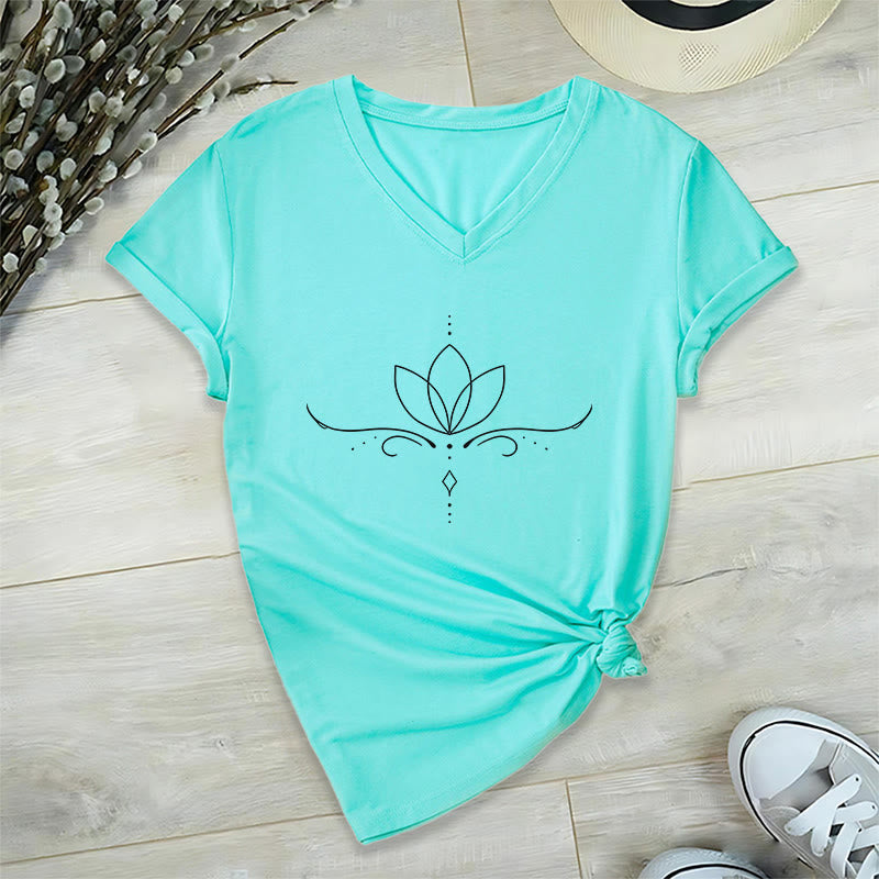 Olivenorma Elegant Boho Lotus Dot Line Art Yoga Print Women's V Neck T-Shirt - image 1
