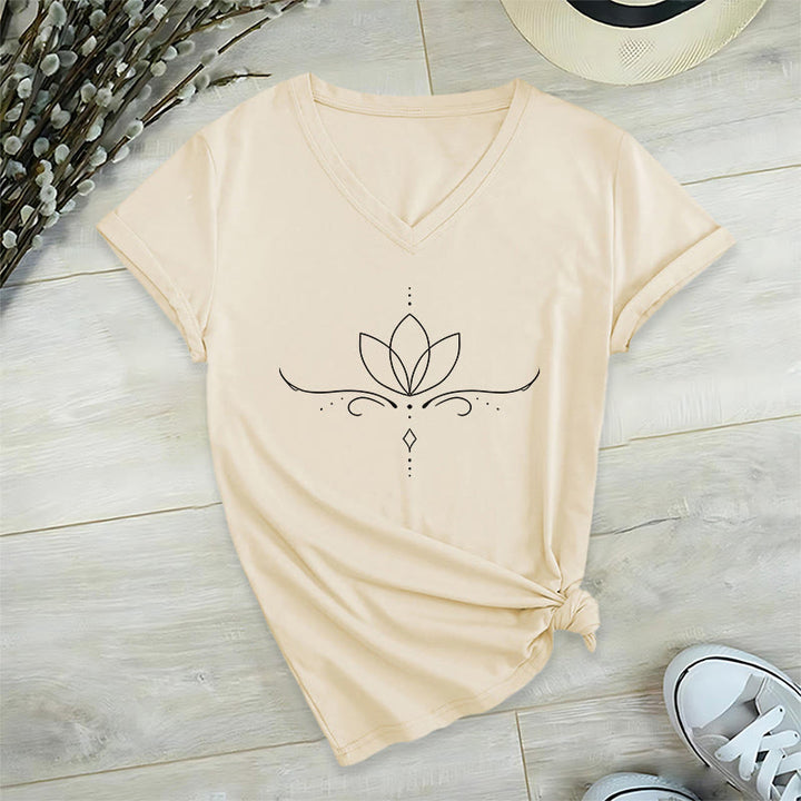 Olivenorma Elegant Boho Lotus Dot Line Art Yoga Print Women's V Neck T-Shirt - image 7