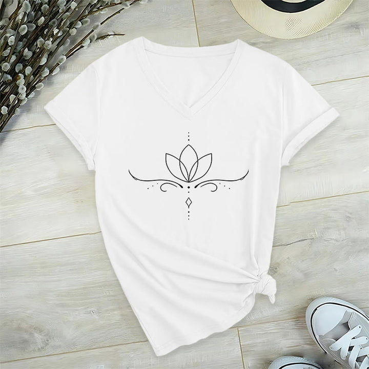 Olivenorma Elegant Boho Lotus Dot Line Art Yoga Print Women's V Neck T-Shirt - image 19