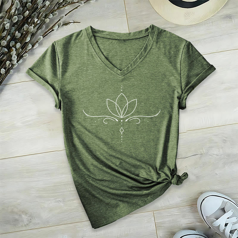 Olivenorma Elegant Boho Lotus Dot Line Art Yoga Print Women's V Neck T-Shirt - image 4