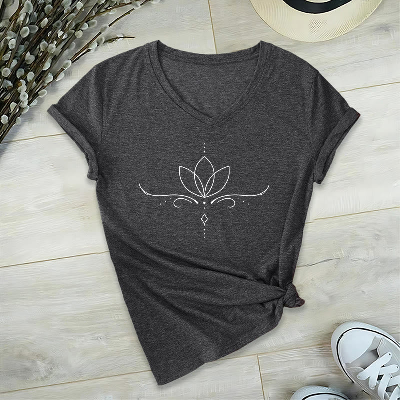 Olivenorma Elegant Boho Lotus Dot Line Art Yoga Print Women's V Neck T-Shirt - image 16