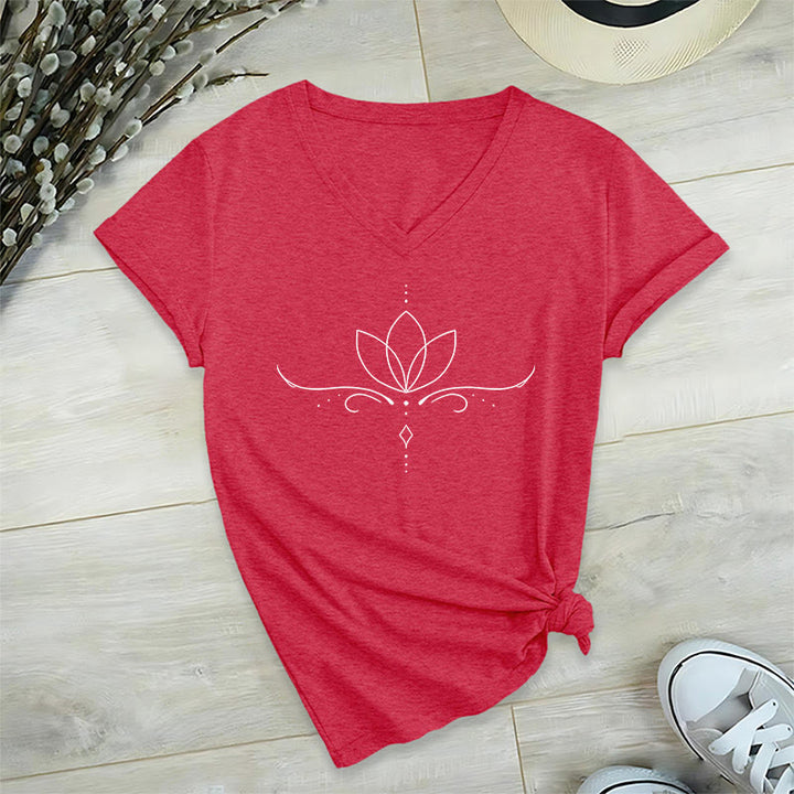 Olivenorma Elegant Boho Lotus Dot Line Art Yoga Print Women's V Neck T-Shirt - image 28