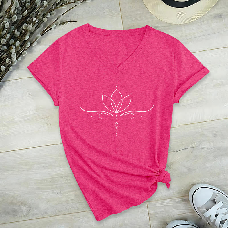 Olivenorma Elegant Boho Lotus Dot Line Art Yoga Print Women's V Neck T-Shirt - image 34