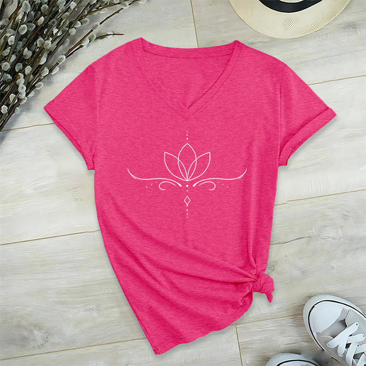 Olivenorma Elegant Boho Lotus Dot Line Art Yoga Print Women's V Neck T-Shirt - image 34