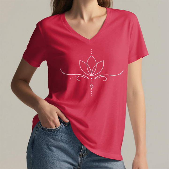 Olivenorma Elegant Boho Lotus Dot Line Art Yoga Print Women's V Neck T-Shirt - image 29