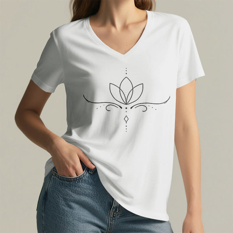 Olivenorma Elegant Boho Lotus Dot Line Art Yoga Print Women's V Neck T-Shirt - image 20