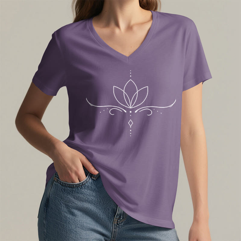 Olivenorma Elegant Boho Lotus Dot Line Art Yoga Print Women's V Neck T-Shirt - image 38