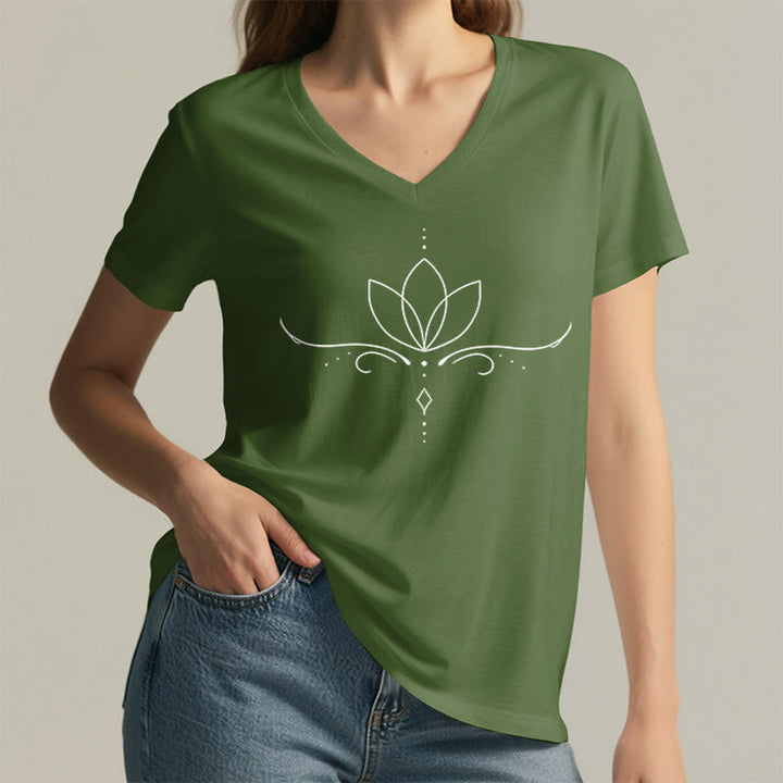 Olivenorma Elegant Boho Lotus Dot Line Art Yoga Print Women's V Neck T-Shirt - image 5