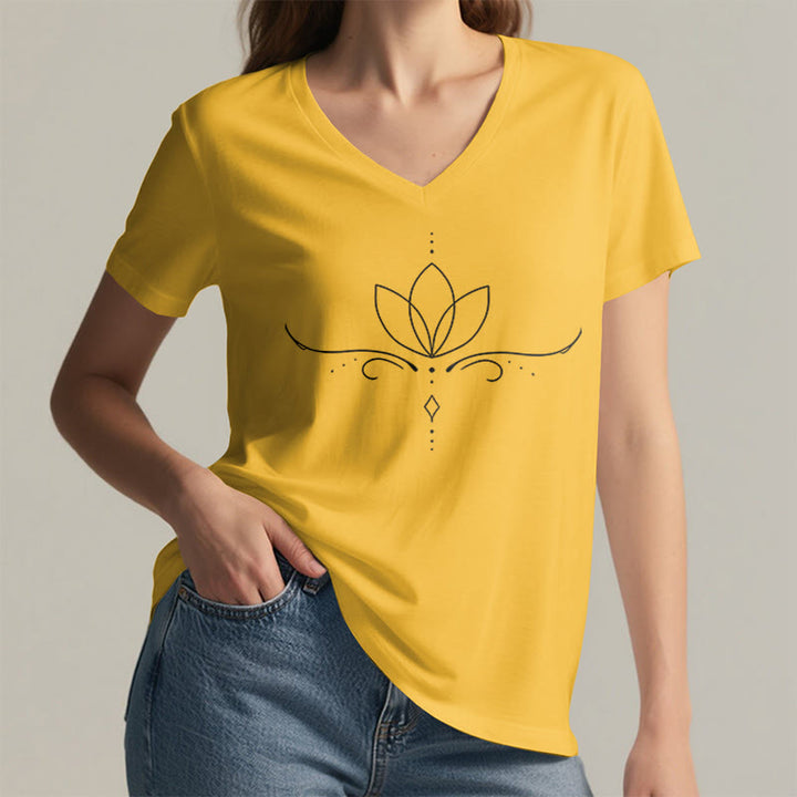 Olivenorma Elegant Boho Lotus Dot Line Art Yoga Print Women's V Neck T-Shirt - image 32