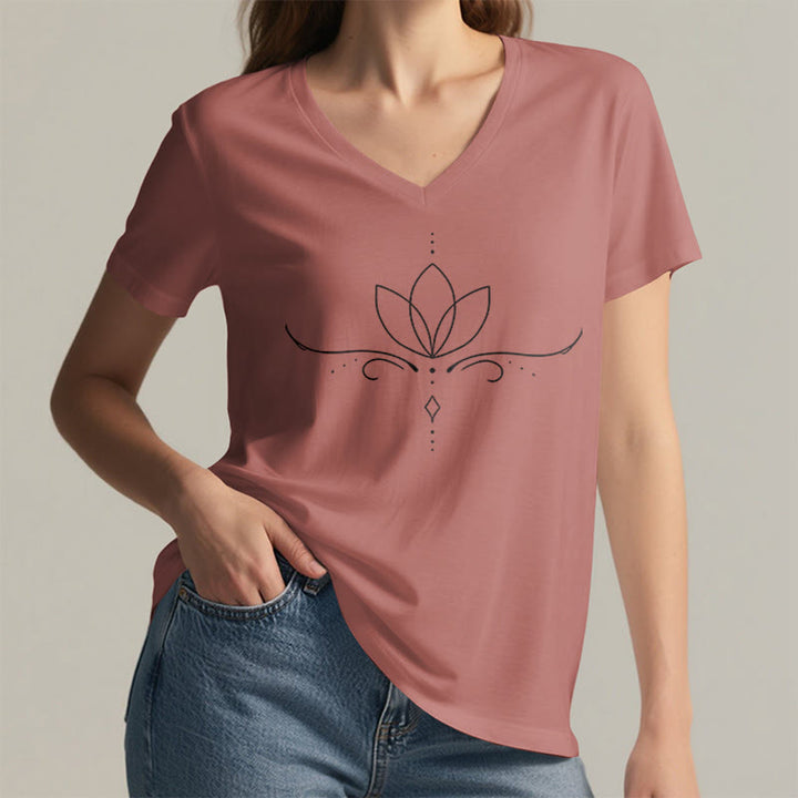 Olivenorma Elegant Boho Lotus Dot Line Art Yoga Print Women's V Neck T-Shirt - image 11