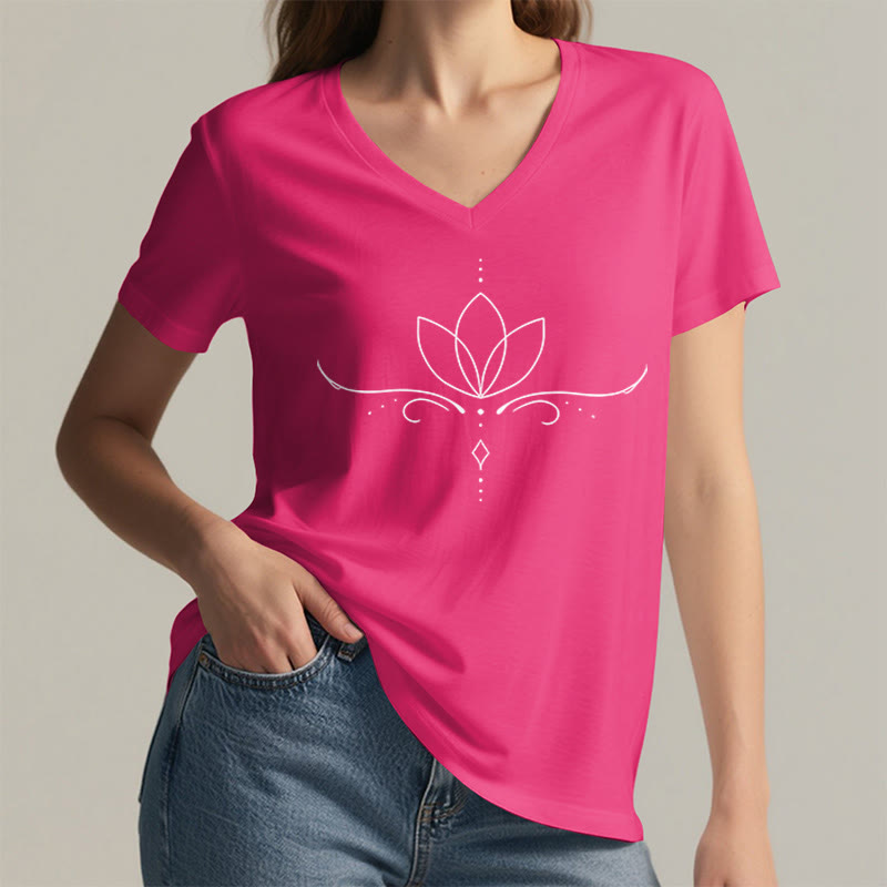 Olivenorma Elegant Boho Lotus Dot Line Art Yoga Print Women's V Neck T-Shirt - image 35