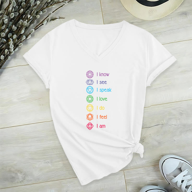 Olivenorma 7 Chakra Affirmation Vertical Rainbow Symbol Graphic Women's V Neck T-Shirt - White - 2XL - image 18