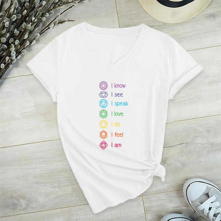 Olivenorma 7 Chakra Affirmation Vertical Rainbow Symbol Graphic Women's V Neck T-Shirt - White - 2XL - image 18