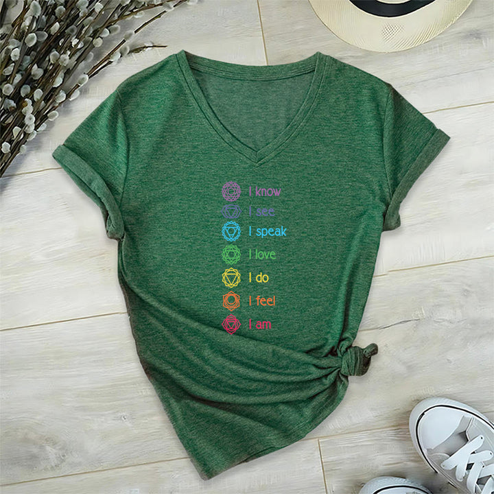 Olivenorma 7 Chakra Affirmation Vertical Rainbow Symbol Graphic Women's V Neck T-Shirt - Dark Green - 2XL - image 24