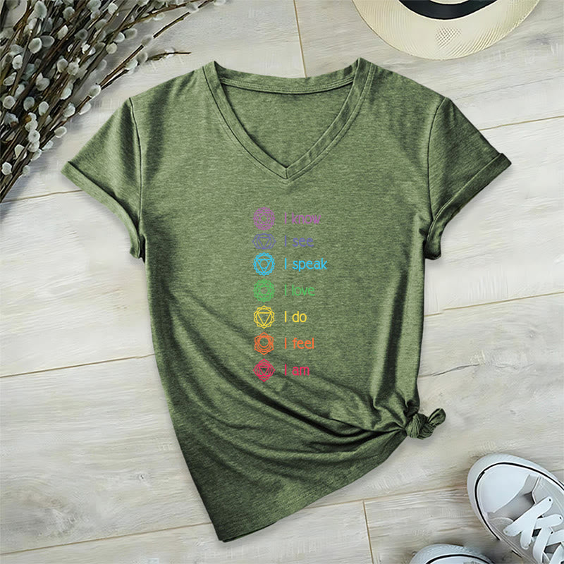 Olivenorma 7 Chakra Affirmation Vertical Rainbow Symbol Graphic Women's V Neck T-Shirt - Olive Green - 2XL - image 3