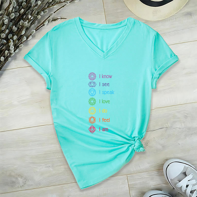 Olivenorma 7 Chakra Affirmation Vertical Rainbow Symbol Graphic Women's V Neck T-Shirt - Lake Blue - 2XL - image 12