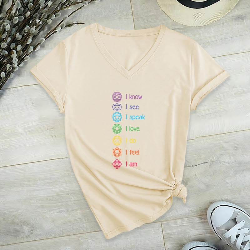 Olivenorma 7 Chakra Affirmation Vertical Rainbow Symbol Graphic Women's V Neck T-Shirt - Khaki - 2XL - image 6
