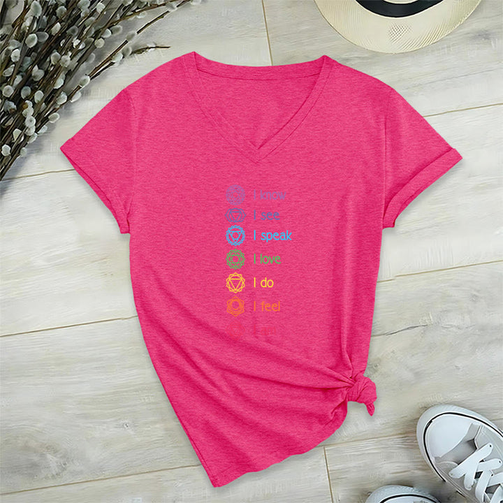 Olivenorma 7 Chakra Affirmation Vertical Rainbow Symbol Graphic Women's V Neck T-Shirt - Rose Red - 2XL - image 33