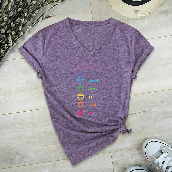 Olivenorma 7 Chakra Affirmation Vertical Rainbow Symbol Graphic Women's V Neck T-Shirt - Purple - 2XL - image 36