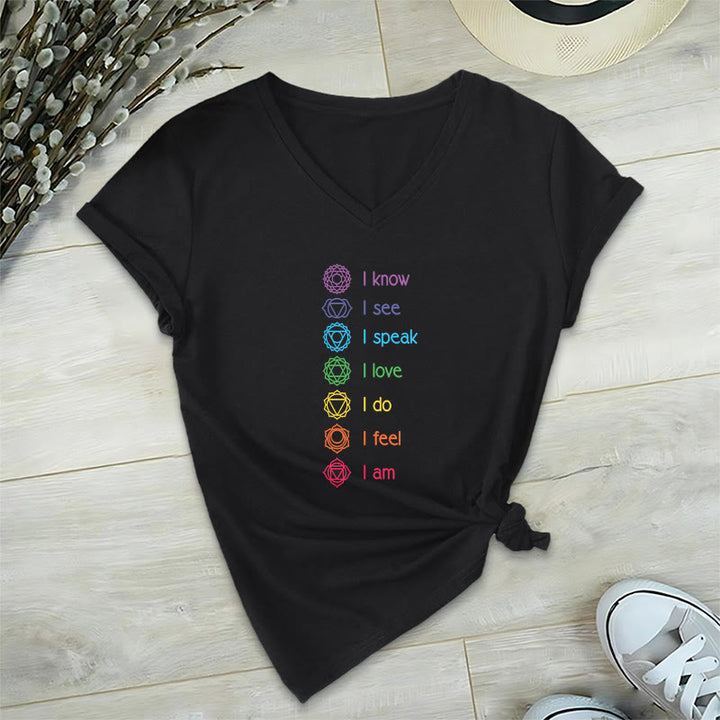 Olivenorma 7 Chakra Affirmation Vertical Rainbow Symbol Graphic Women's V Neck T-Shirt - Black - 2XL - image 0