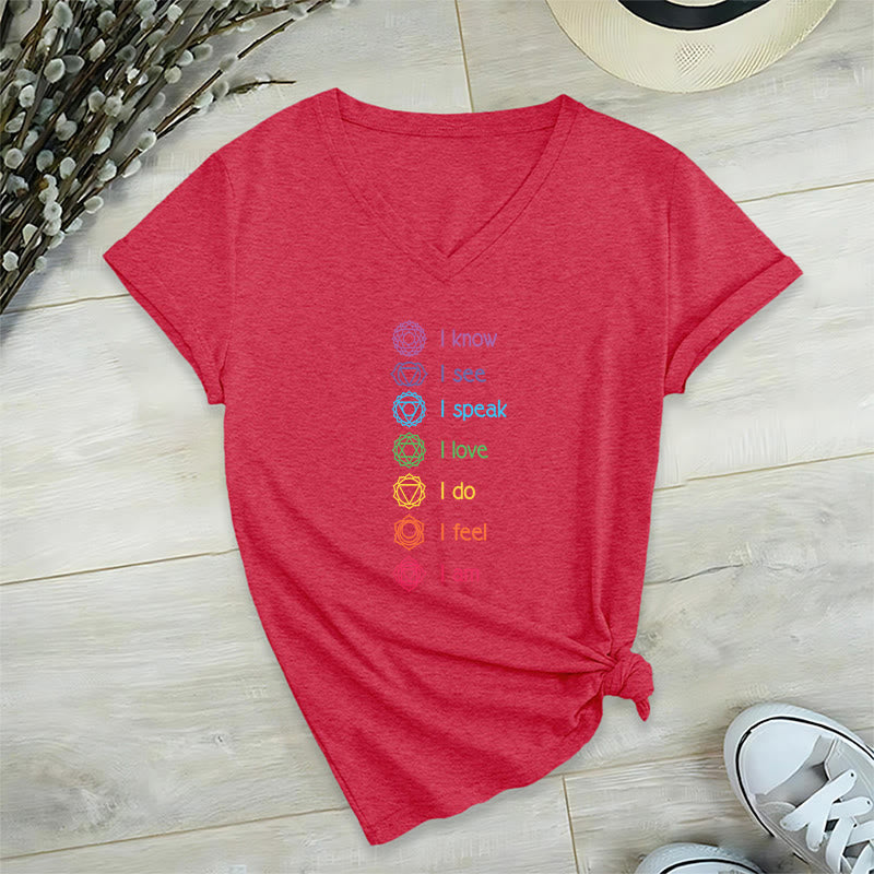 Olivenorma 7 Chakra Affirmation Vertical Rainbow Symbol Graphic Women's V Neck T-Shirt - Red - 2XL - image 27