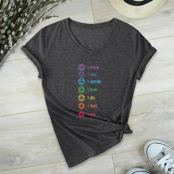Olivenorma 7 Chakra Affirmation Vertical Rainbow Symbol Graphic Women's V Neck T-Shirt - Gray - 2XL - image 15