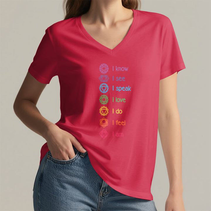 Olivenorma 7 Chakra Affirmation Vertical Rainbow Symbol Graphic Women's V Neck T-Shirt - image 29