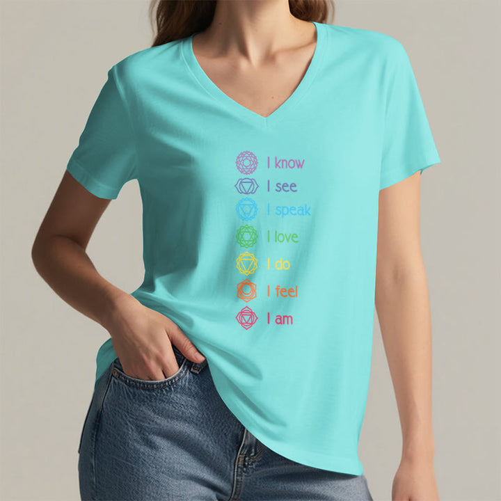 Olivenorma 7 Chakra Affirmation Vertical Rainbow Symbol Graphic Women's V Neck T-Shirt - image 14