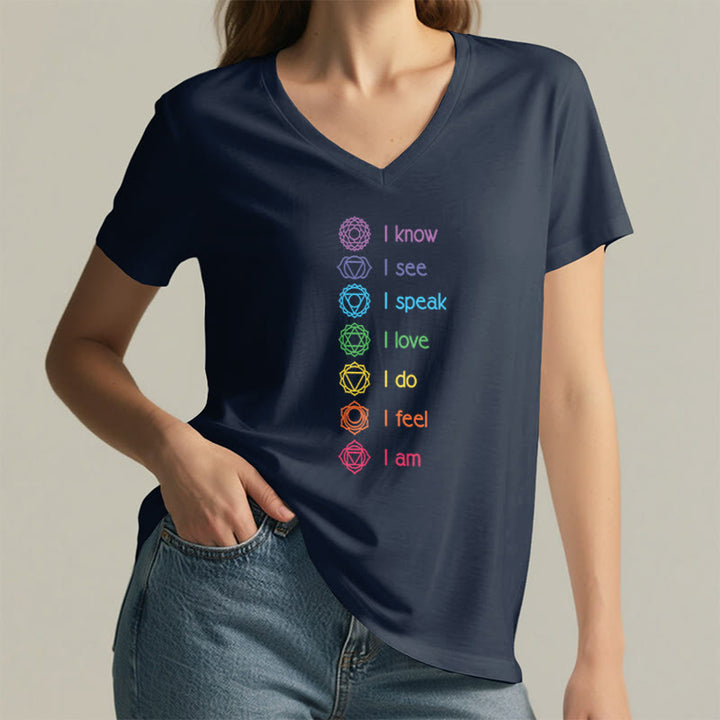 Olivenorma 7 Chakra Affirmation Vertical Rainbow Symbol Graphic Women's V Neck T-Shirt - image 23