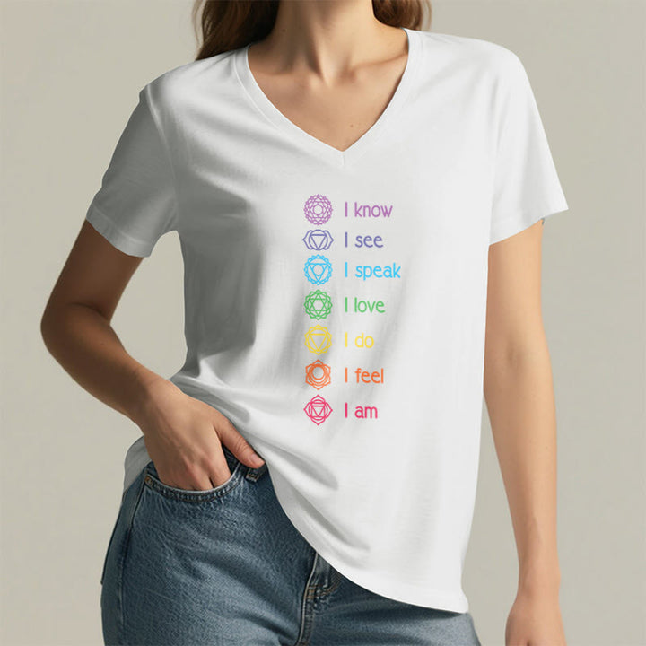 Olivenorma 7 Chakra Affirmation Vertical Rainbow Symbol Graphic Women's V Neck T-Shirt - image 20